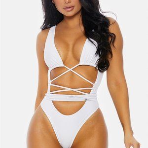 Cut-Out Criss Cross Wrap One Piece Swimsuit WHITE